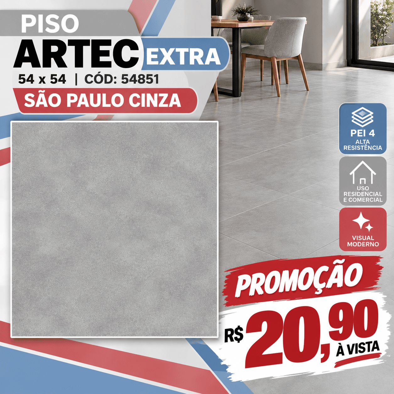PISO ARTEC SÃO PAULO CINZA 54X54